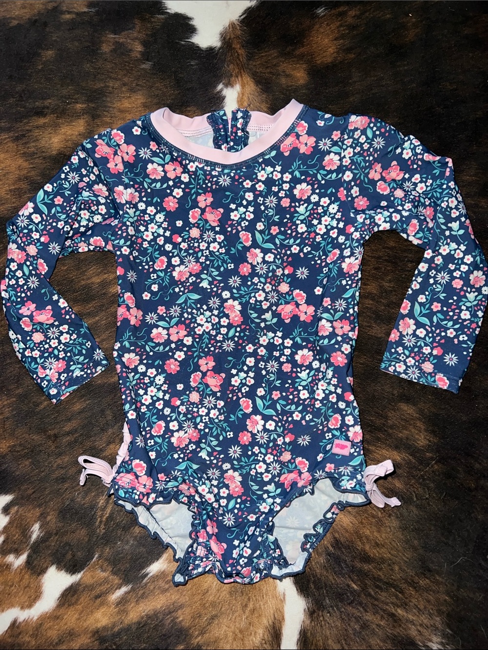 Ruffle Butts Navy & Pink Floral Long-Sleeve One-Piece Swimsuit